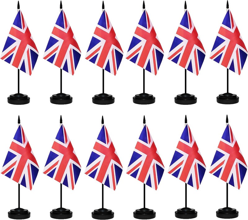 tibijoy UK Flags British Desk Table Flag Set Small Mini United Kingdom Table Office Flag with 13" Black Pole, Black Base and Spear Top,Miniature British Deluxe Desktop Flag, Home Decoration, Office Decoration, Festival Celebrations(12 Pack ) - Image 1